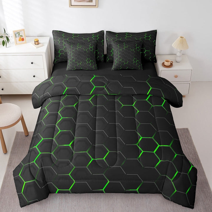 7 Piece Green Honeycomb Print Bed in a Bag, Geometric Bedding Comforter Sheet Set Beehive Geometrical Bed Set Modern Abstract Fitted Sheet Black Reticulated Plaid Cushiom Covers Twin