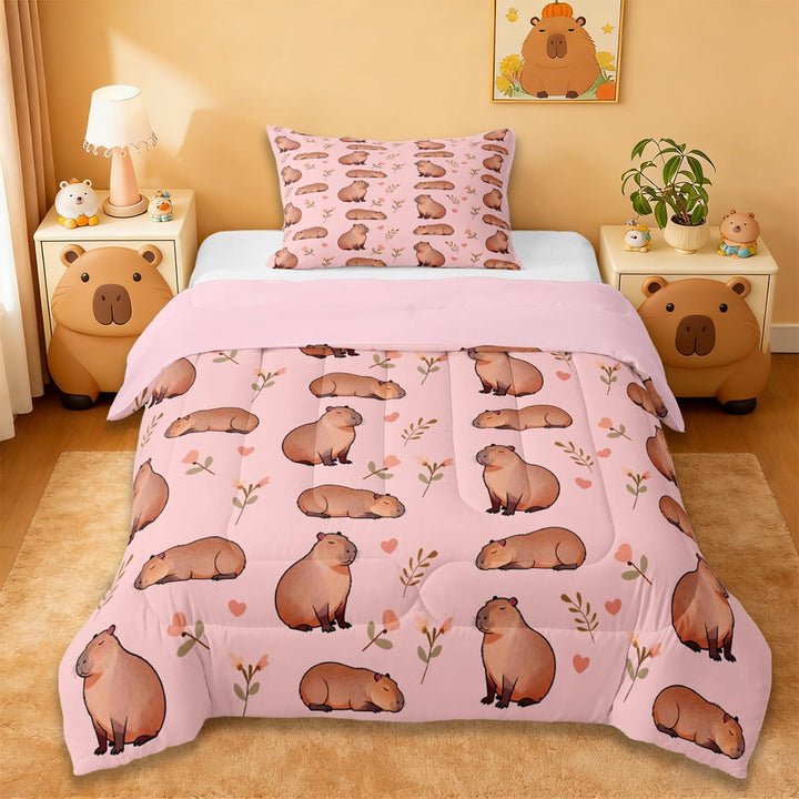 Erosebridal Capybara Pink Twin 2-Piece Reversible Girls Kids Floral Blossom Comforter Set