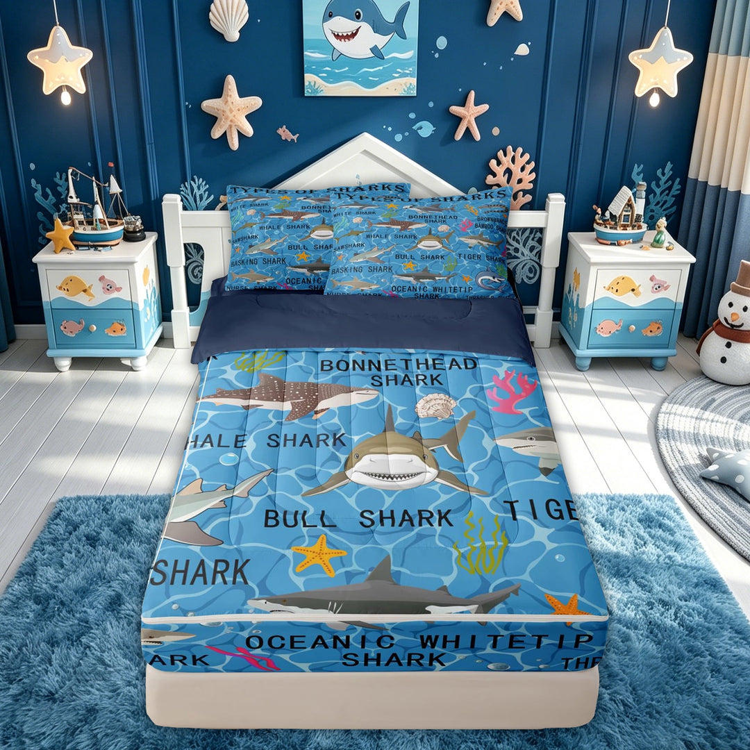 meiyoeat Colorful Shark Educational Zipper Full Size Comforter Sets with Fitted Sheet and 2 Pillowcases, Starfish Marine Wildlife Zipper Bedding Set, Blue Reversible, 4 Pieces