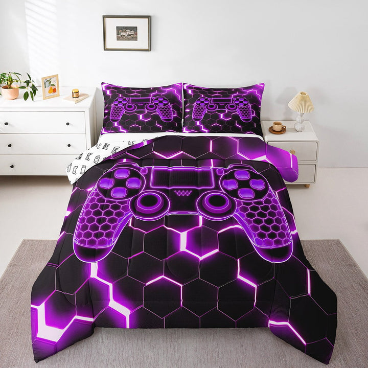 Erosebridal Teens Gaming Comforter Sets Twin Size, Purple Geometric Comforters &amp; Duvets, Honeycomb Bedroom Decor, Reversible
