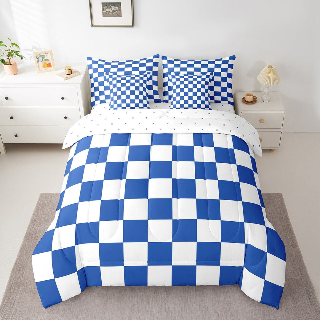 Erosebridal Checkered Gingham Bed in a Bag Twin size, Blue White Bed Set, Rectangle Geometry Decor, Reversible