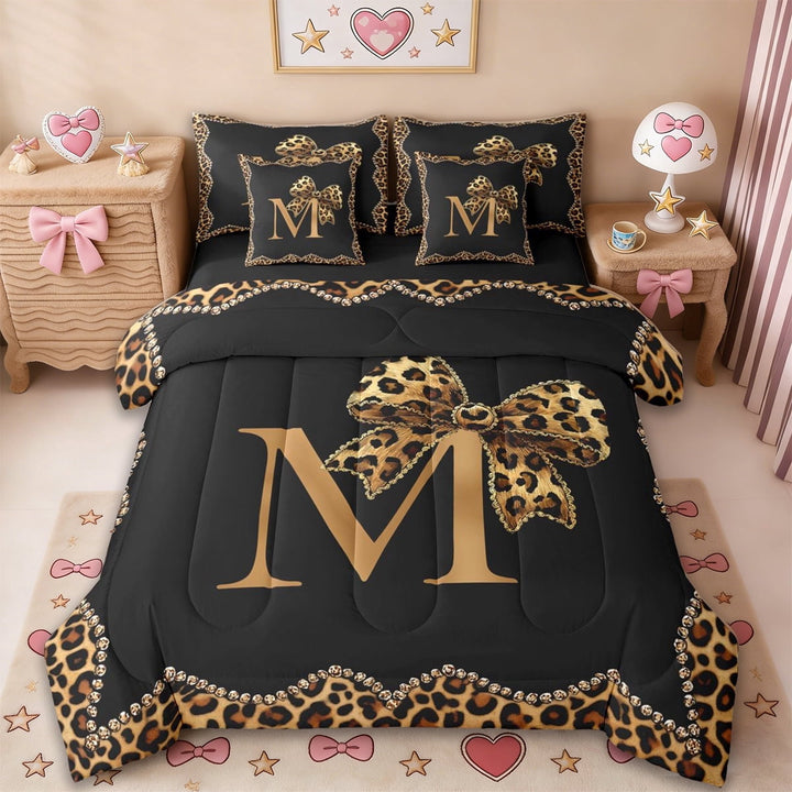 Erosebridal Initial Alphabet M 7-Piece Twin Bedding Sets,Kids Brown Cheetah Pattern Bowtie Bedding Comforter Set For Leopard Lovers,Reversible black