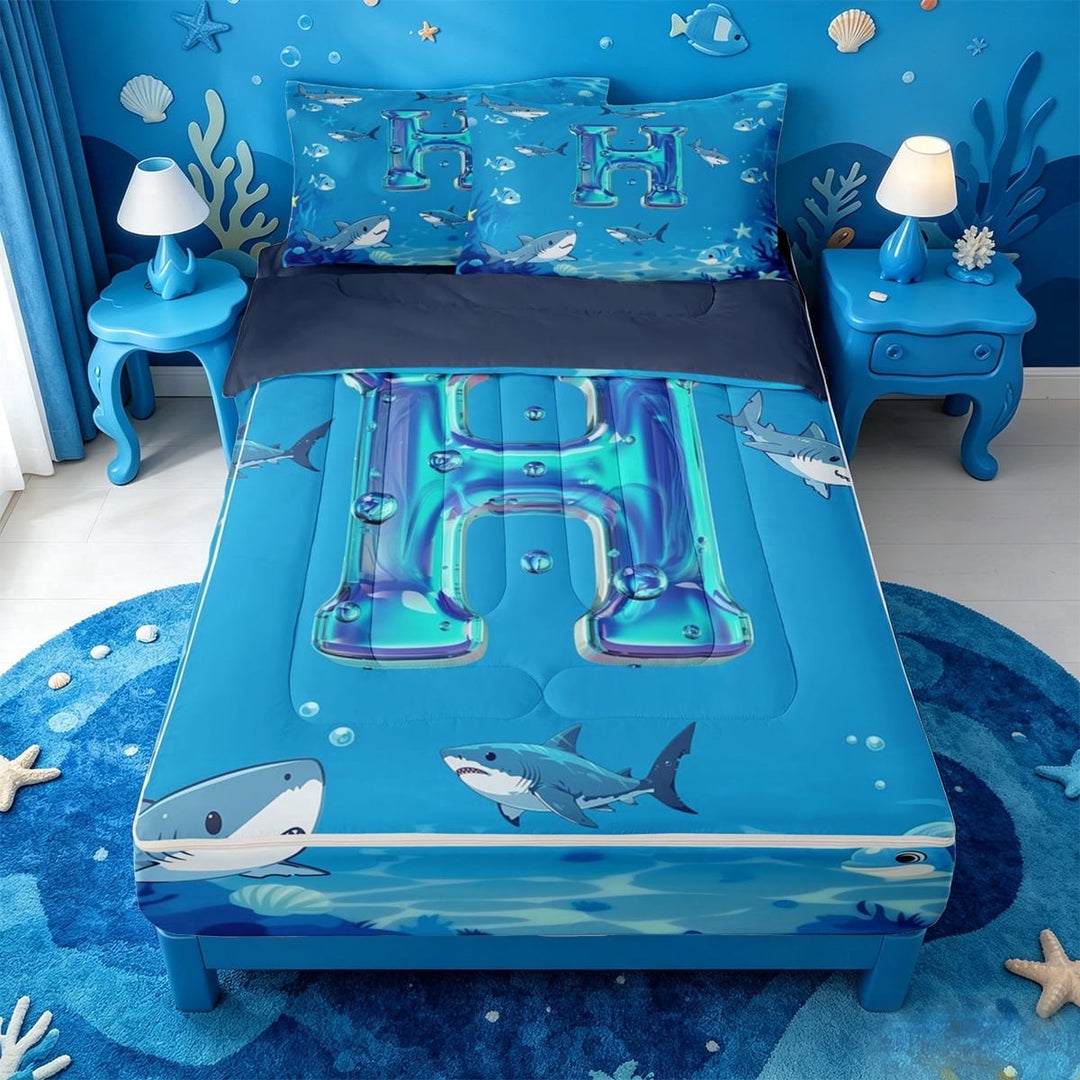 meiyoeat Water Themed Monogram Zipper Full Size Comforter Sets with Fitted Sheet and 2 Pillowcases For Boys,Shark Ocean Initial Art Zipper Bedding Set,Navy Blue Reversible,4-Piece