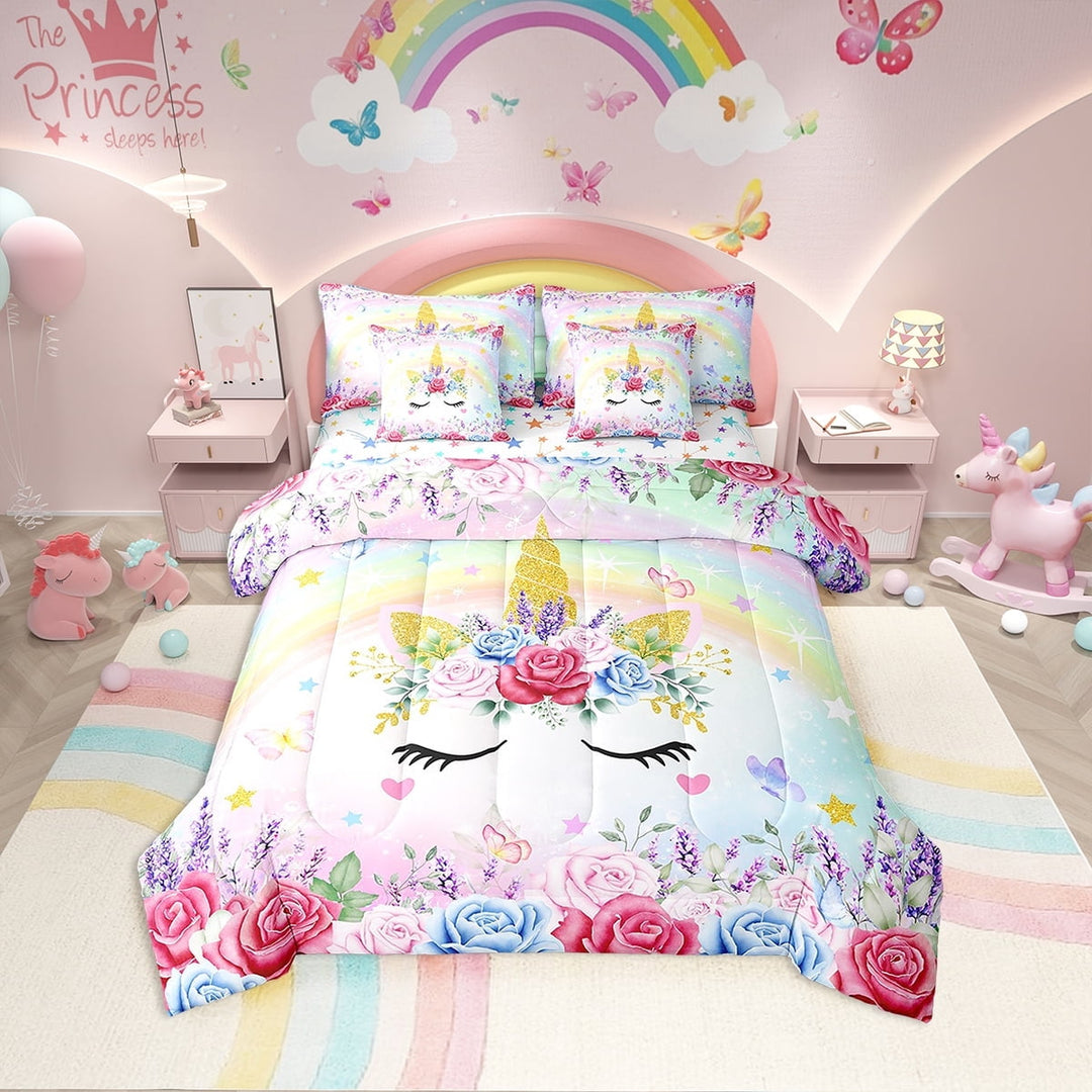 Erosebridal Kawaii Unicorn Bedding Sets Twin Size, Colorful Rose Comforter Sets with Sheets, Dreamy Rainbow Decor, Reversible