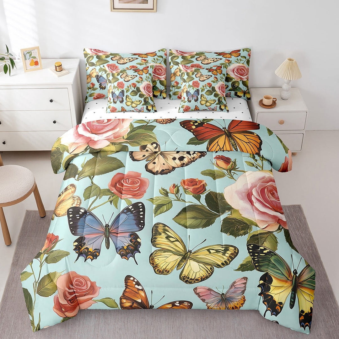 Roamantic Rose Twin Comforter Set - 7 Pieces Bed in A Bag Butterflies Comforters,Vlaentine Gift Bedding Sets with Comforter, Flat Sheet, Fitted Sheet and Pillowcases &amp; Shams