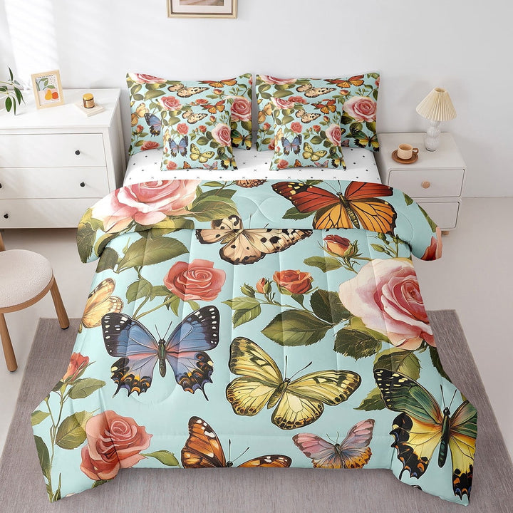 Roamantic Rose Twin Comforter Set - 7 Pieces Bed in A Bag Butterflies Comforters,Vlaentine Gift Bedding Sets with Comforter, Flat Sheet, Fitted Sheet and Pillowcases &amp; Shams