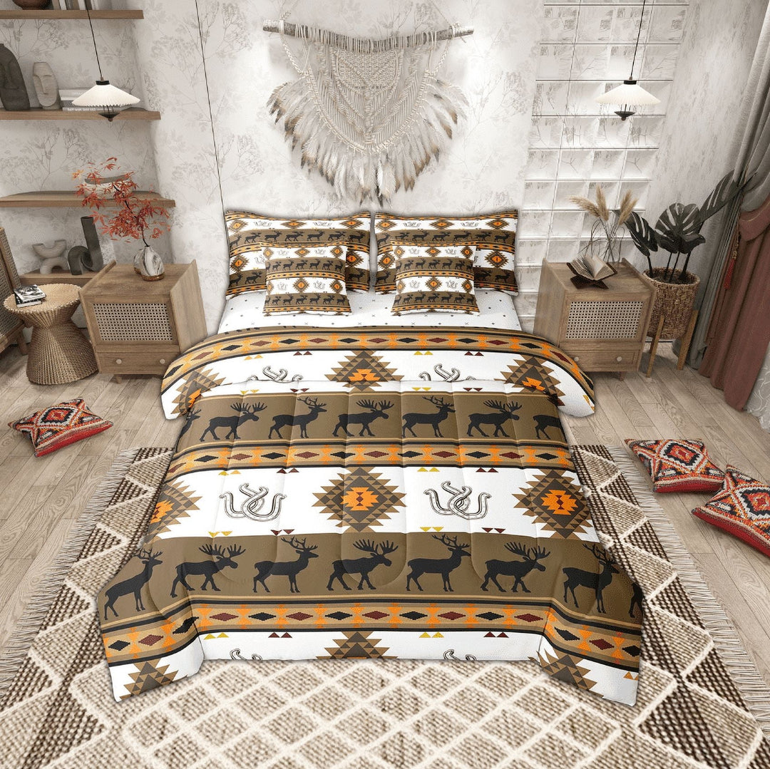 Erosebridal Brown Boho Aztec Bedding Twin Size, Southwestern Tribal Exotic Style Comforter Sets with Sheets, Rustic Moose Decor, Reversible 7pcs
