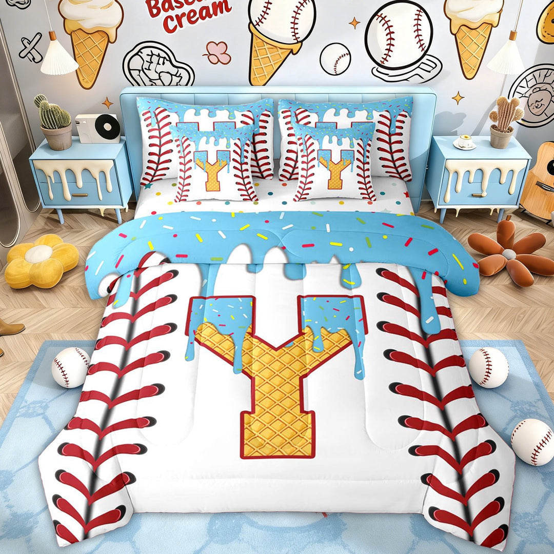 Erosebridal Initial Y Letter Kid Twin Bedding Sets, Ice Cream Baseball Bedding Comforter Set, Blue, 7pcs