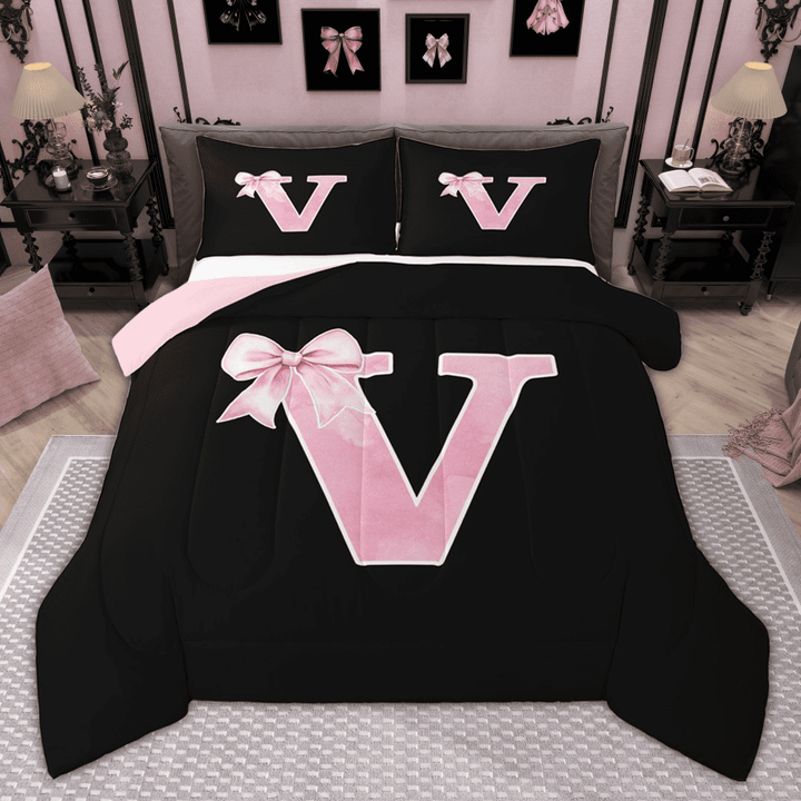 Manfei Monogrammed Girl Bedding Comforter Set, Personalized Initial V Twin Comforter Sets, Princess Bow Knot Bedding Set, Black Pink Bedroom Decor, Reversible 2 Pieces