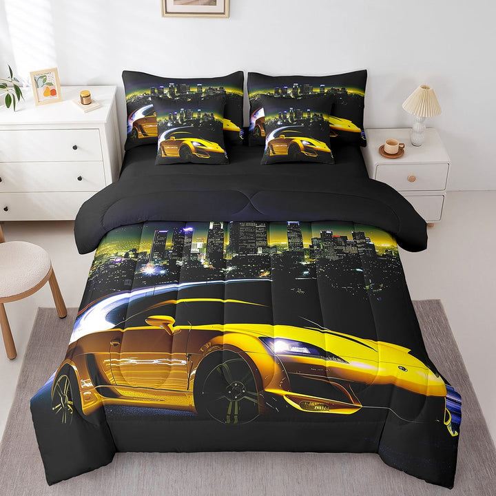 7 Piece Race Car Twin Bedding Set Yellow Sports Car Bed In A Bag Teen Racing Car Comforter Set With Sheets Extreme Games Sports Night Cityscape Bed Set