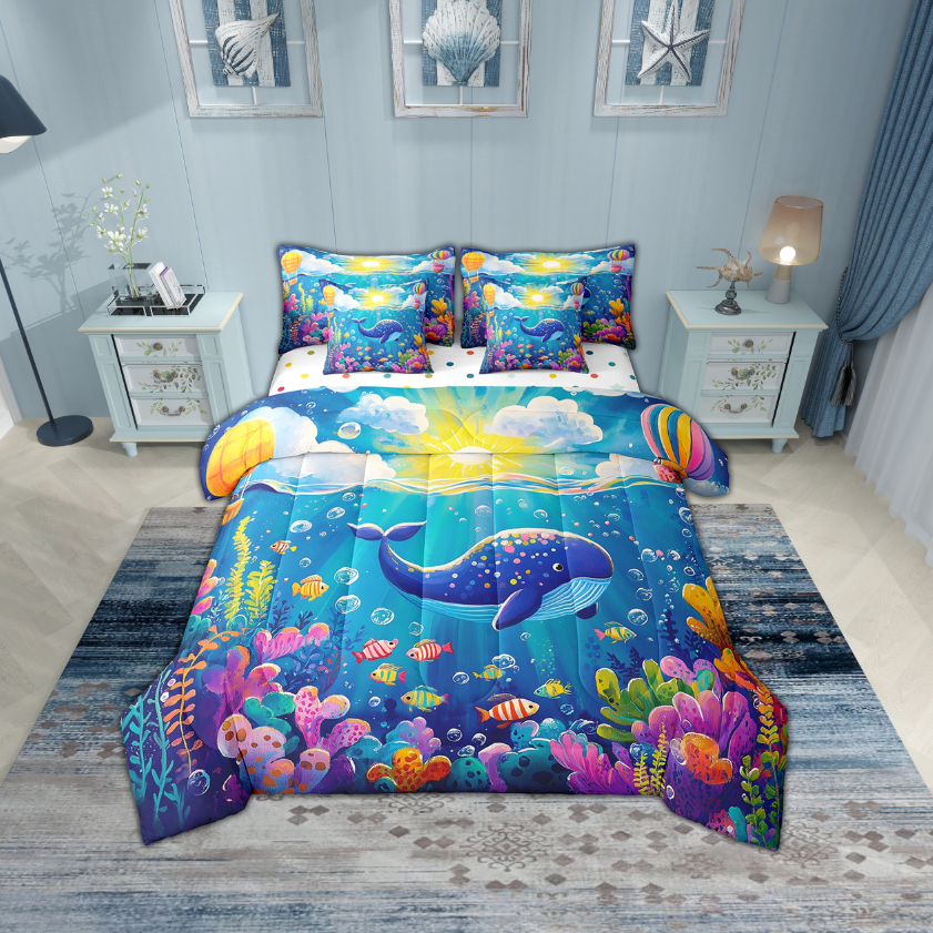 Erosebridal Cartoon Whale Bedding Sets Twin Size,Ocean Animal Comforter Sets with Sheets,Microfiber Reversible Bed in a Bag Twin size,Marine Decor,7pcs