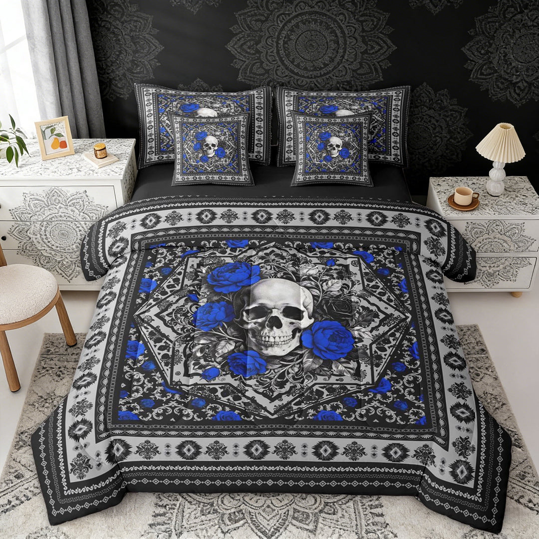 Erosebridal Sugar Skull Bedding Comforter Set, Bohemian Aztec Mandala Full Bedding Set, Black Gray Blue, Black Reversible 7pcs