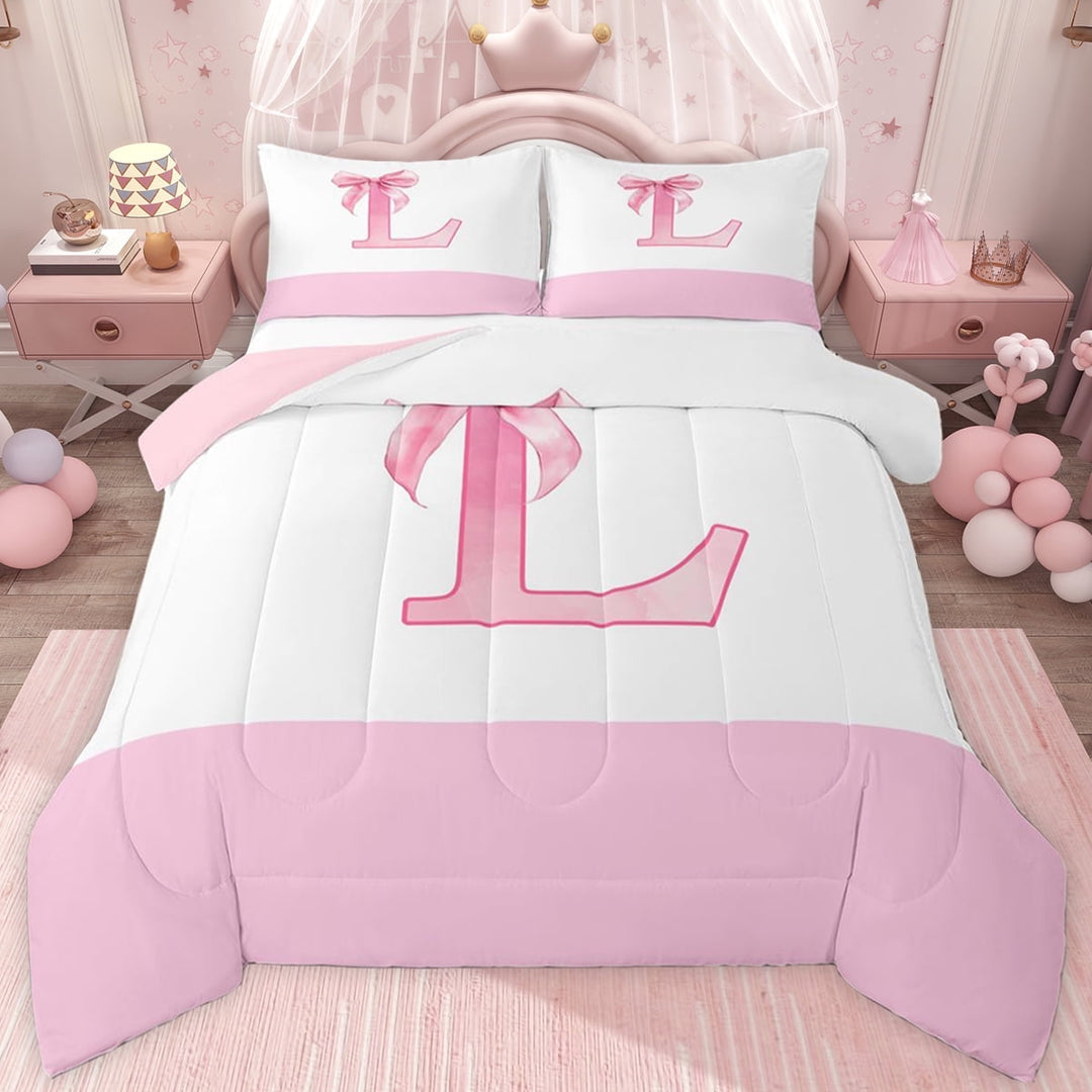 jejeloiu Initial Letter L Full Size Comforter Sets,Pink Bows Ribbon Bedding Sets For Bowtie Lover Reversible 3pcs