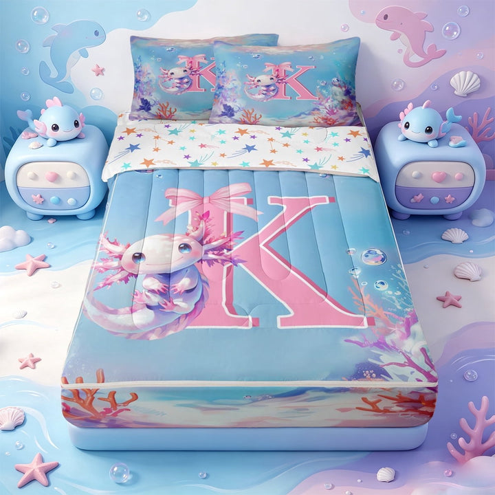 meiyoeat Coquette Bow Axolotl Zipper Full Size Comforter Sets with Fitted Sheet and 2 Pillowcases For Girls,Pink Cute Initial K Zipper Bedding Set,Colorful Stars Reversible,4 Pieces