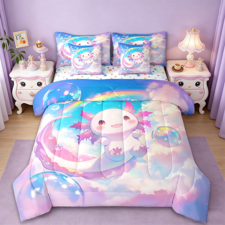 Erosebridal Kawaii Axolotl 7-Piece Twin Bedding Sets,Watercolor Ocean Animal Bedding Comforter Set For Girls Boys,Reversible