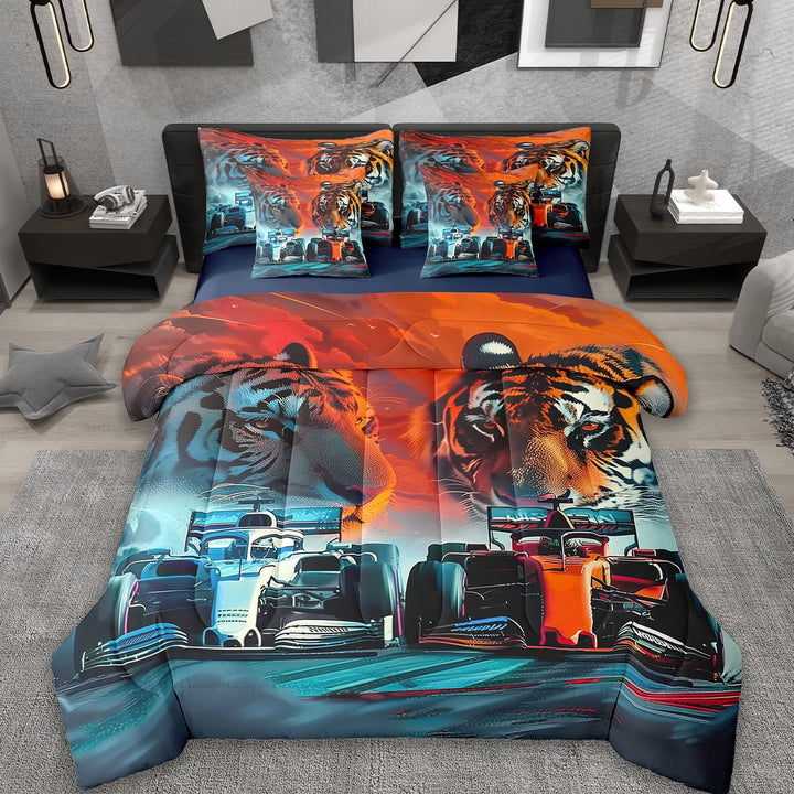 Erosebridal Racing Car Bed in a Bag Full Size,Orange Fire Tiger Bed Set,Extreme Sport Bedding Full Size For Boys Kids,Breathable Room Decorative Reversible,7 Pieces