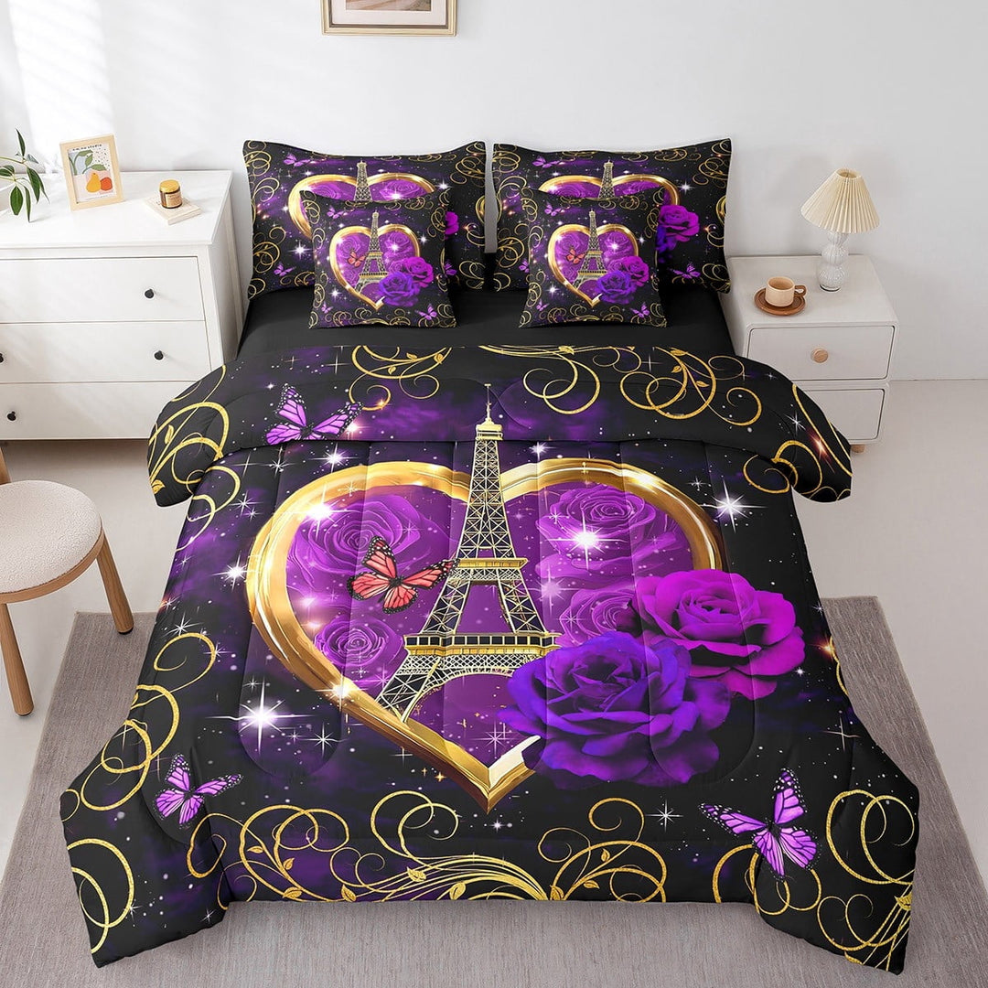 Eiffel Tower 7 Piece Comforter Set Full Bed in a Bag,Purple Rose Bedding Sets,Romantic France Sheet Set with Comforter City Building of Paris Bed Set,Galaxy Flowers Butterfly Room Decor Aesthetic