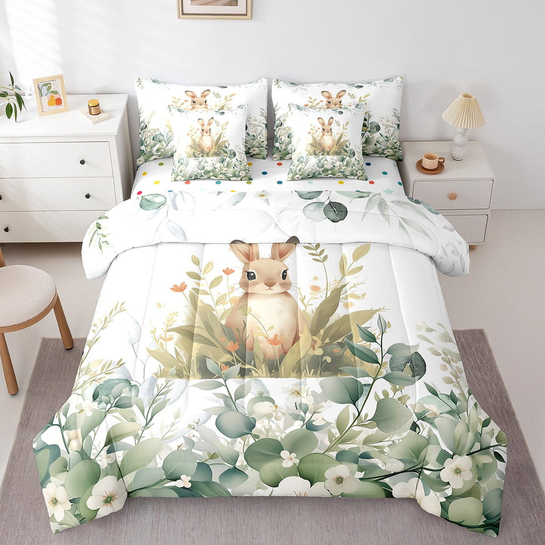 Erosebridal 7-Piece Cute Animal Bedding Twin Cartoon Rabbit Comforter Set, Eucalyptus Bedding Comforter Sets Watercolor Leaves Bed in a Bag, Kawaii Farm Animal Bedding Accessories