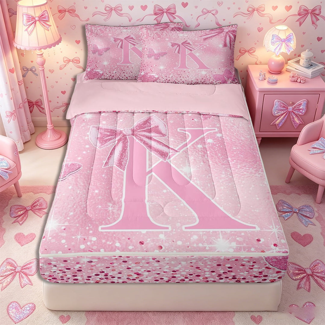 Meiyoeat Pink Glitter Initial K Zipper Full Size Comforter Sets with Fitted Sheet and 2 Pillowcases, Flying Butterfly Zipper Bedding Set,4pcs,Pink Reversible