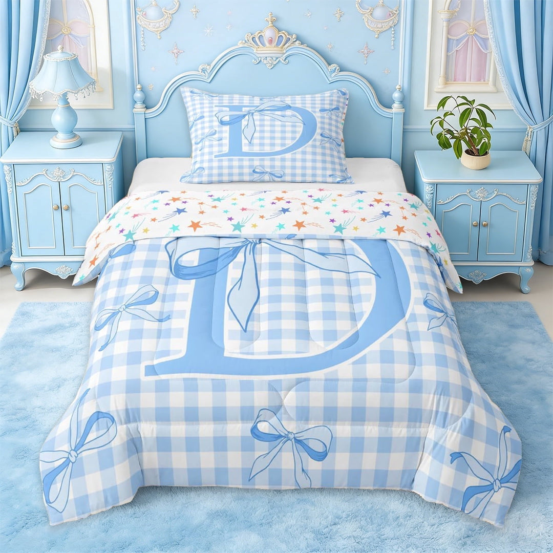 Erosebridal Kawaii Bow Tie Twin Comforter Sets For Girls,Grid Theme Letter D Personalized Initial Bedding Set,Colorful Stars Reversible,2pcs