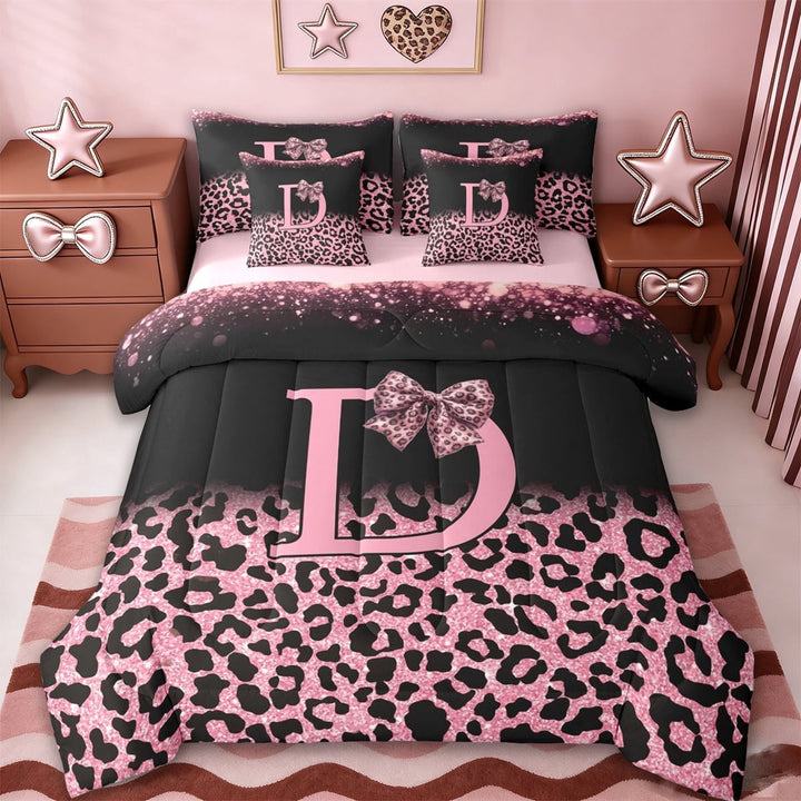Erosebridal Initial Alphabet D 7-Piece Twin Bedding Sets,Wild Cheetah Print Kids Pink Bowknot Bedding Comforter Set For Leopard Lovers,Reversible pink