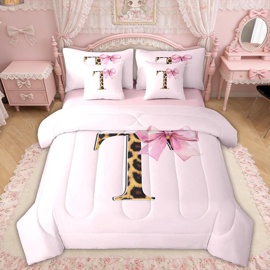 Erosebridal Princess Pink Bow Twin Bedding Sets, Cartoon Initial T Bedding Comforter Set for Girls Kids, Pink Reversible, 7pcs