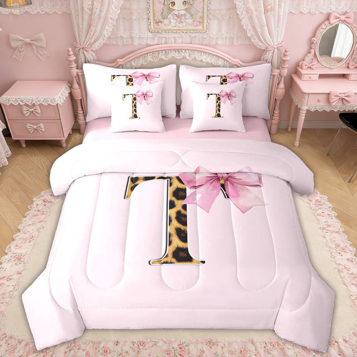 Erosebridal Princess Pink Bow Twin Bedding Sets, Cartoon Initial T Bedding Comforter Set for Girls Kids, Pink Reversible, 7pcs