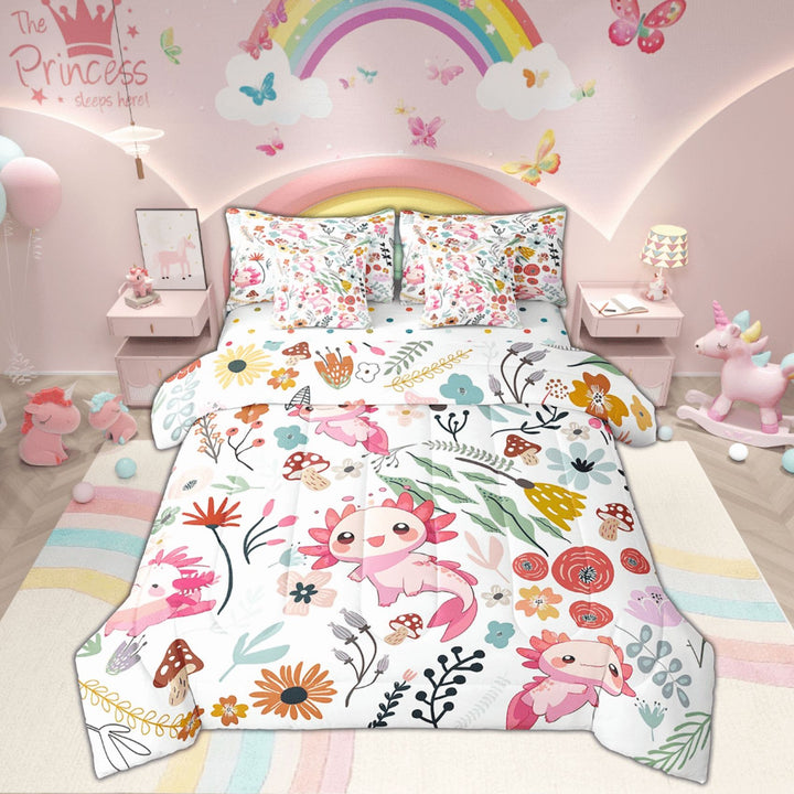Kawaii Axolotl Comforter Set 7 Piece Bed in a Bag Twin,Mushroom Floral Cartoon Animal Bedding Sets Watercolor Flowers Leaves Sheet Set with Comforter