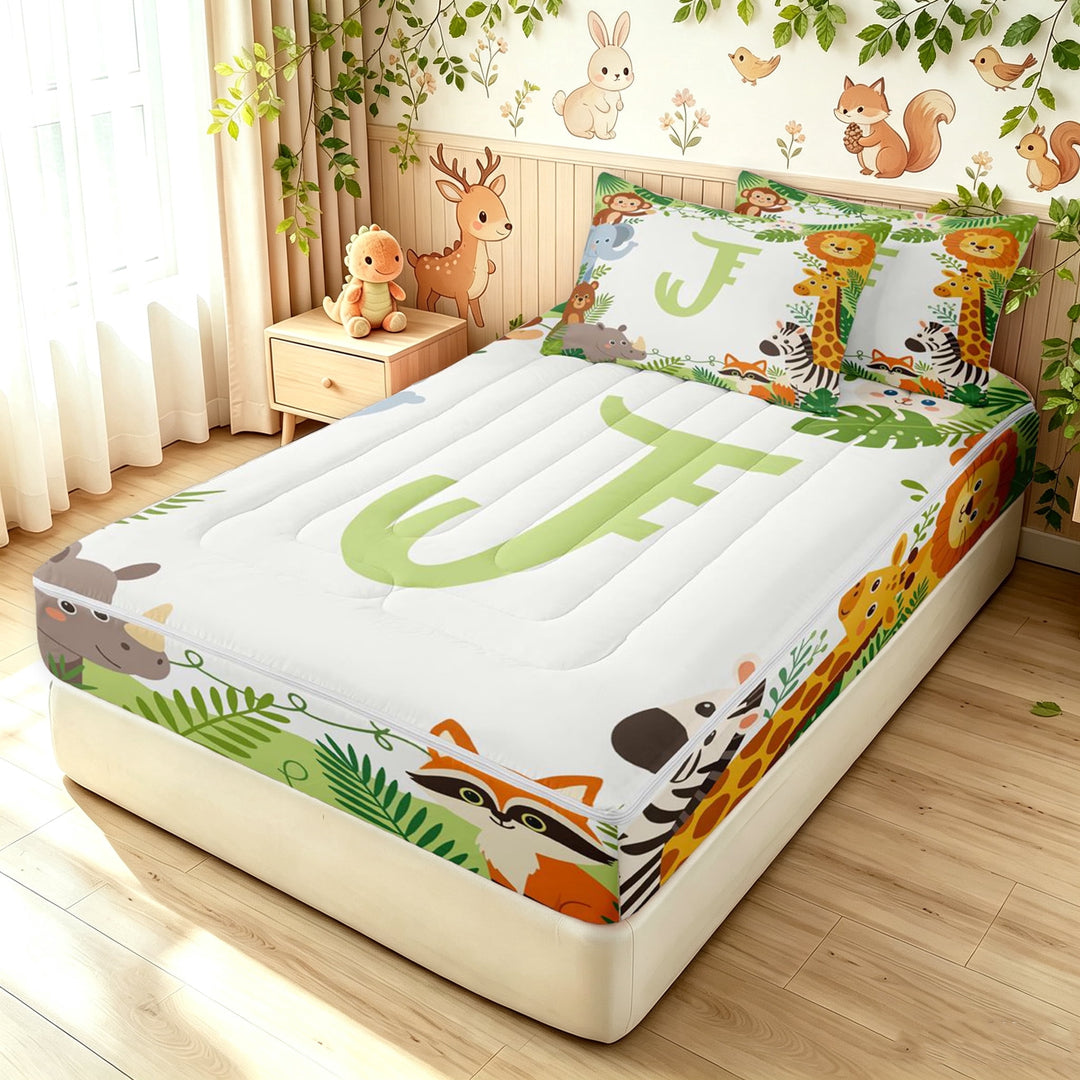 meiyoeat Elephant Jungle Wildlife Zipper Full Size Comforter Sets with Fitted Sheet and 2 Pillowcases for Girls, Cute Initial J Letter Zipper Bedding Set, Green, Polkadot Reversible, 4-Piece