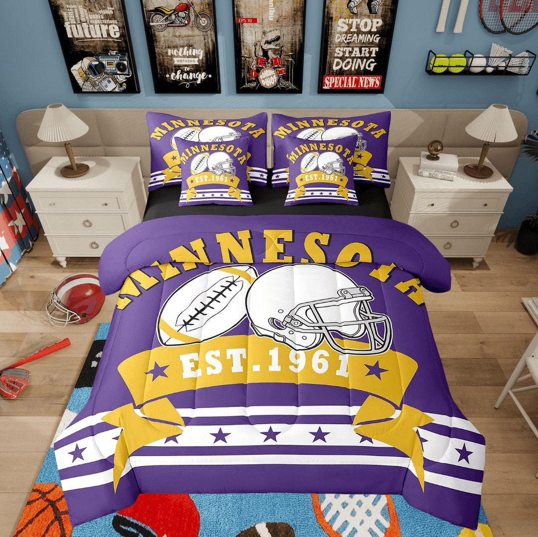 7Pcs Football Sports Lovers Bedding Twin American Football City Comforter Set, Football Teams - 1 Comforter, 1 Flat Sheet 1 Fitted Sheet 2 Pillowcases 2 Throw Pillow Covers (Minnesota)
