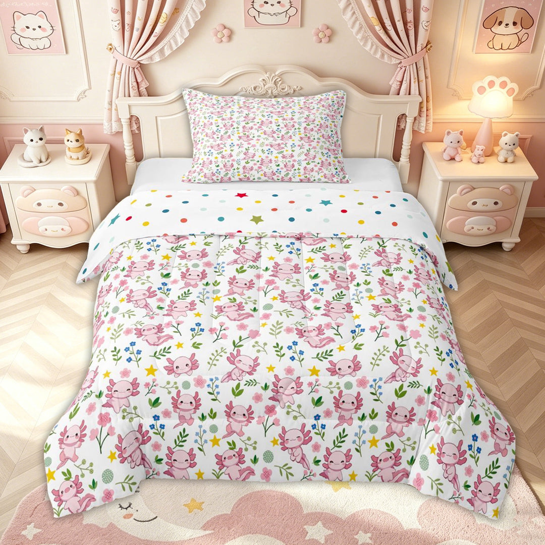 meiyoeat Pink Axolotl Full Size Comforter Sets for Kids, Floral Salamander Bedding Comforter Set for Bedroom, Pink White, Polkadot Reversible, 3 Pieces