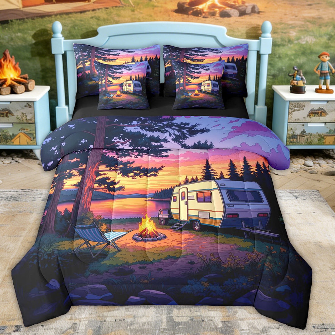 Erosebridal Sunset Lake RV Car Camping Twin Bedding Sets, Purple Orange Forest Bedding Comforter Set for Men and Women, 7 Pieces