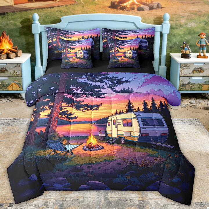 Erosebridal Sunset Lake RV Car Camping Twin Bedding Sets, Purple Orange Forest Bedding Comforter Set for Men and Women, 7 Pieces