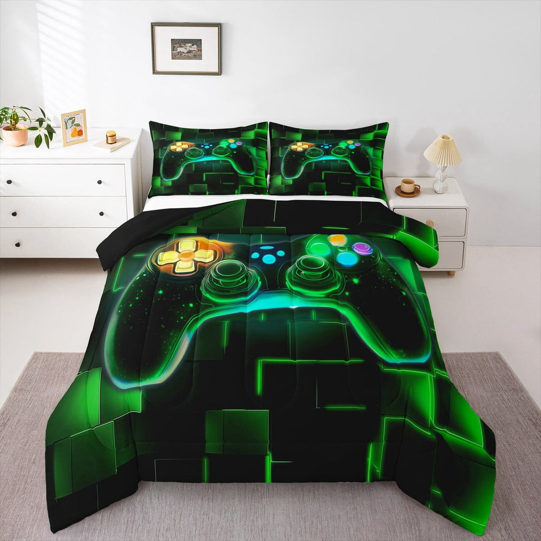 Gamer Comforter Set Full,Gaming Bedding,Video Games Controller Gamepad Bedding Comforter Sets Neon Glowing Square Geometric Grid Green Bedroom Decor Duvet Insert