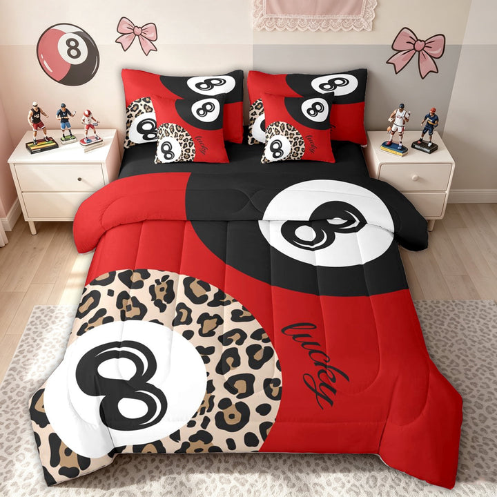 meiyoeat Retro Lucky 8 Ball Full Size Bedding Sets for Girls, Leopard Print Billiards Full Size Bed in a Bag, Red Black, Black Reversible, 7 Pieces