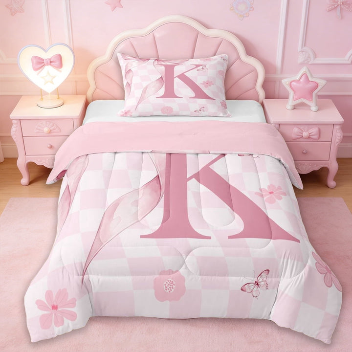 Erosebridal Pink Cute Coquette Bowknot Twin Comforter Sets,First Letter K Bedding Set For Girly,Reversible pink,2pcs
