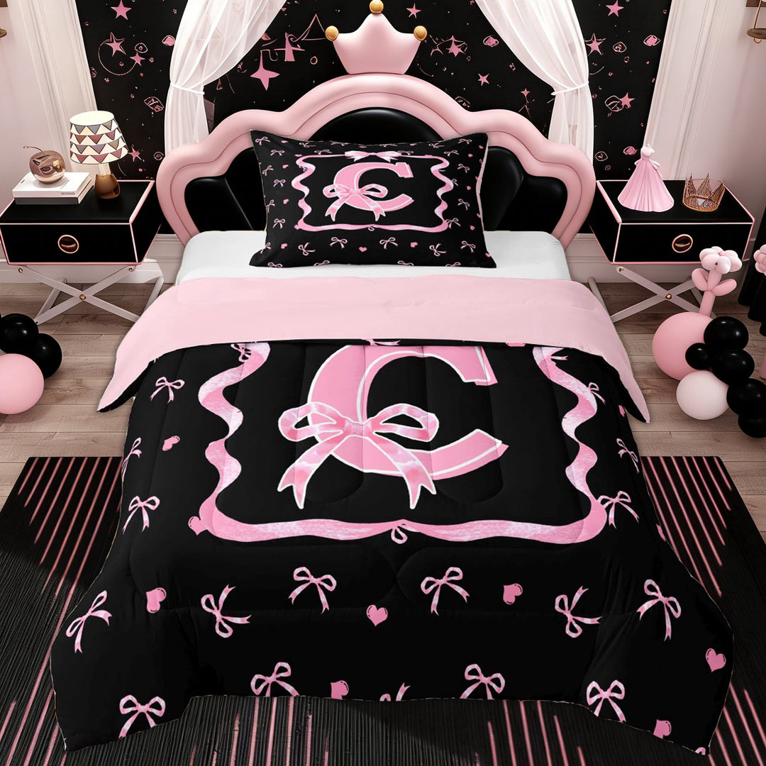 Erosebridal Girls Bow C Letter Twin Comforter Sets, Watercolor Love Heart Bedding Set, 2-Piece