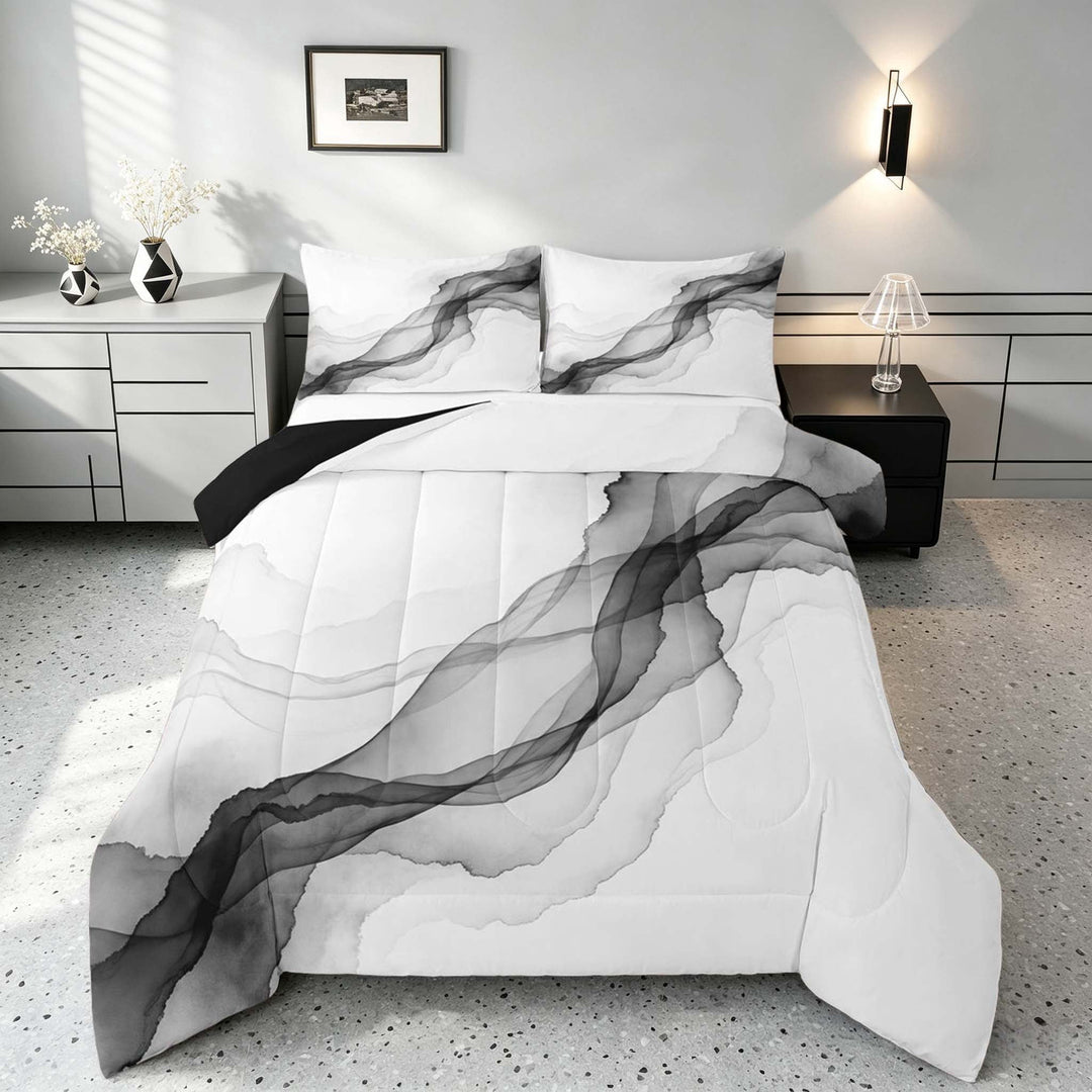Manfei Watercolor Ink Painting Queen Comforter Set, Modern Abstract Art Comforter Sets Queen, Gray White, Black Reversible 3 Pieces, 1 Comforter and 2 Pillowcases