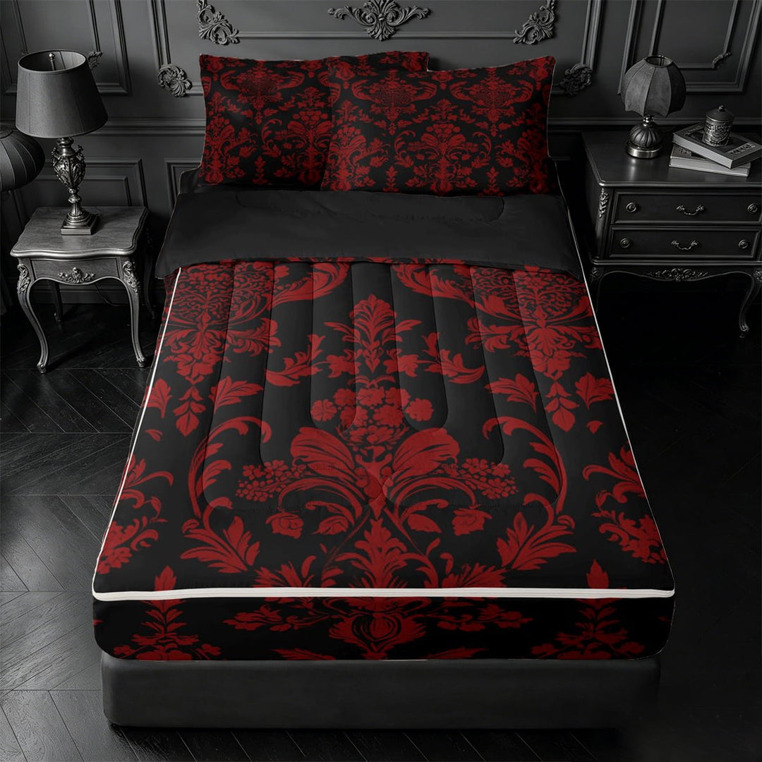 meiyoeat Gothic Damask Pattern Zipper Full Size Comforter Sets with Fitted Sheet and 2 Pillowcases,Vintage Boho Floral Zipper Bedding Set, Red Black,Black Reversible,4 Pieces