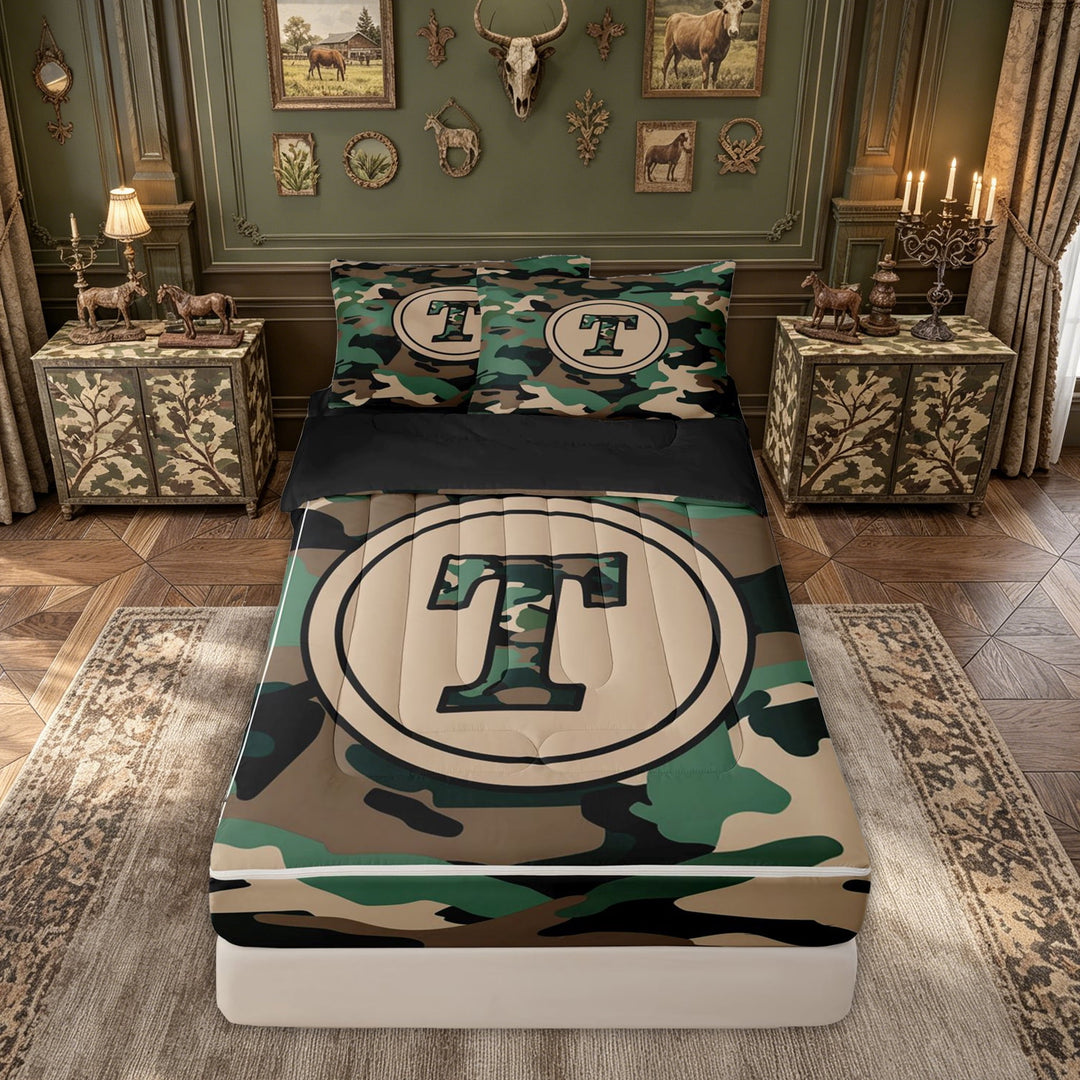 meiyoeat Camo Letter T Zipper Comforter Set with Fitted Sheet and 2 Pillowcases for Kids, Vintage Camouflage Zipper Bedding Set for Bedroom, Green, Black Reversible, 3 Pieces