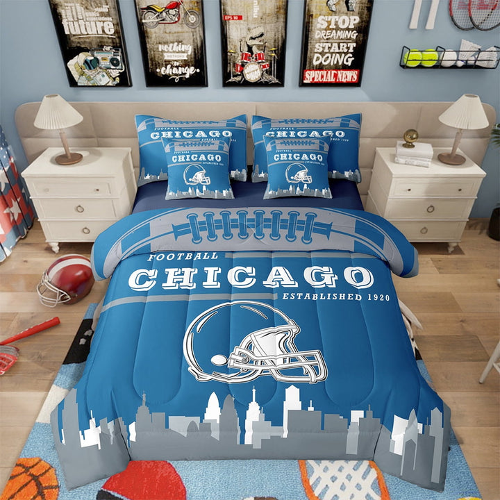 7 Piece Sports Bedding Sets,American Football Fans Bed in a Bag Twin Size Rugby Player Comforter Set with Sheets Football Lovers Bed Set Light Blue Sheets (Chicago)