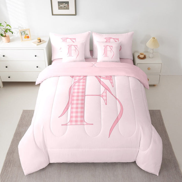 Erosebridal Cartoon Initial F Bedding Sets Twin Size, Kawaii Ribbon Comforter Sets with Sheets, Teens Princess Decor, Reversible