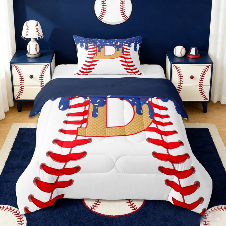 Erosebridal Baseball Ice Cream Twin Comforter Sets,Ball Sport Theme Colorful Alphabet D Bedding Set For Kids,Reversible navy blue,2 Pieces