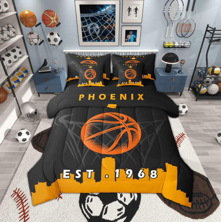 Erosebridal 7 Pcs Comforter Set Twin Size,Sports Bed in a Bag with Flat Sheet and Fitted Sheet and Adults,Basketball Bedding Set with Pillowcase and Sham,Phoenix