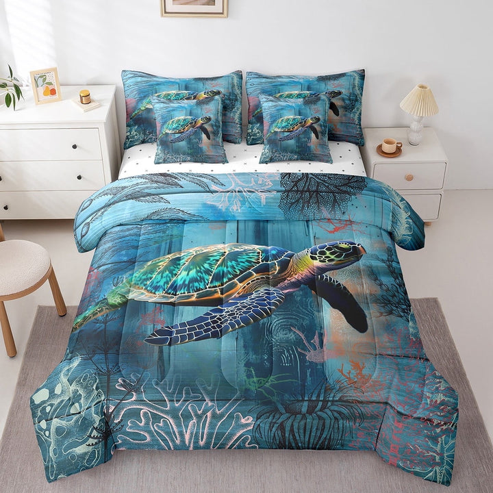 Sea Turtle Bed in a Bag Queen Comforter Set 7 Piece,Marine Life Ocean Tortoise Reptile Bedding Sets Nautical Sea Animal Sheet Set with Comforter,2 Pillowcases,2 Throw Pillow Covers