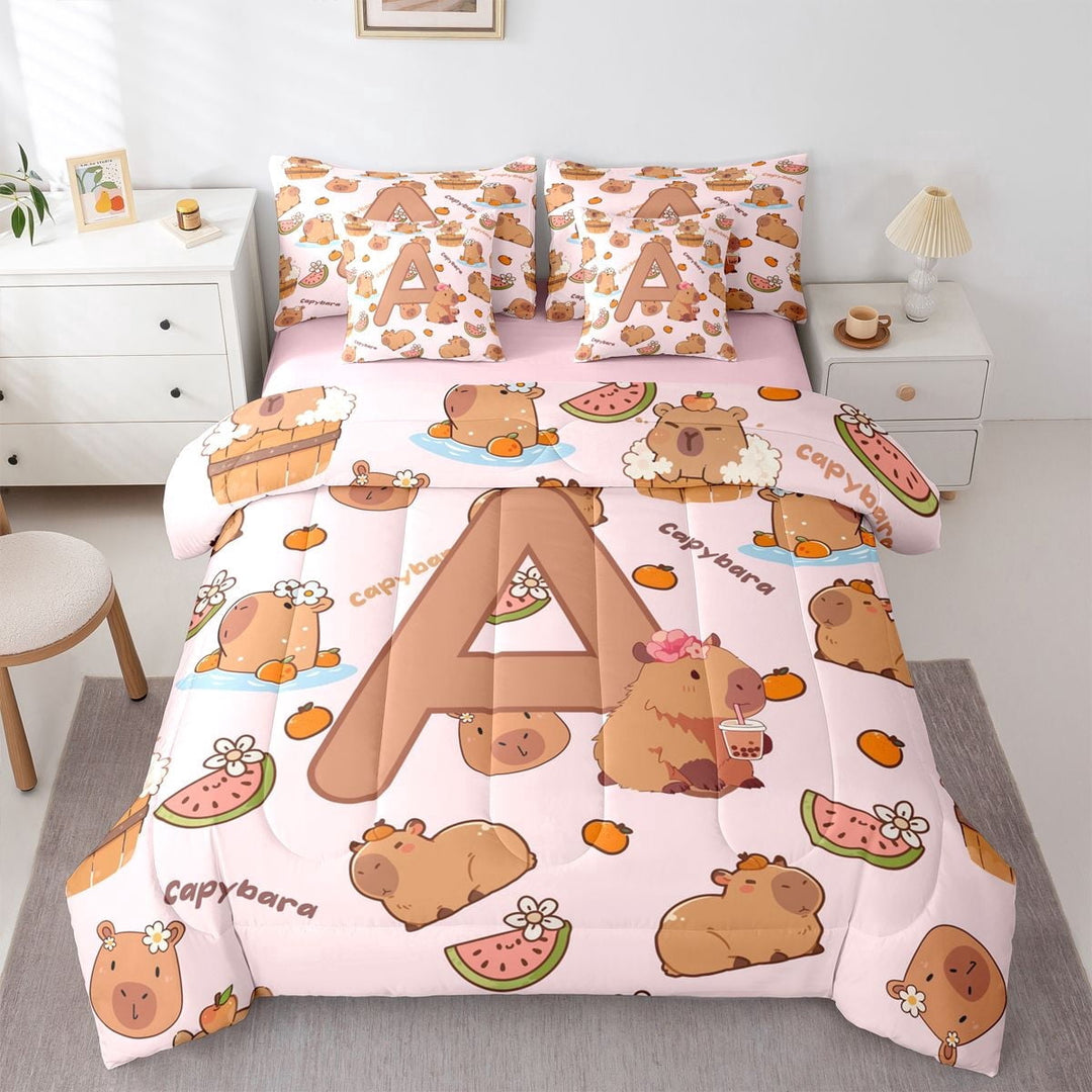 Erosebridal Kawaii Capybara Letter Monogrammed A Twin Bedding Sets 7-Piece For Boys Girls,Cute Food Fruit Food Animal Bedding Comforter Set For Kids,Pink Reversible