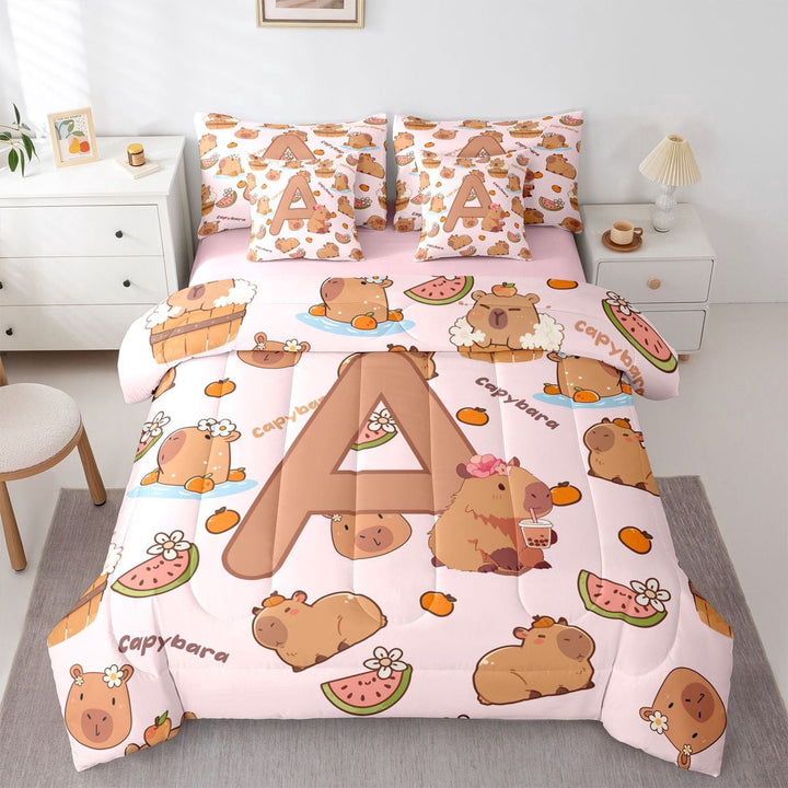 Erosebridal Kawaii Capybara Letter Monogrammed A Twin Bedding Sets 7-Piece For Boys Girls,Cute Food Fruit Food Animal Bedding Comforter Set For Kids,Pink Reversible