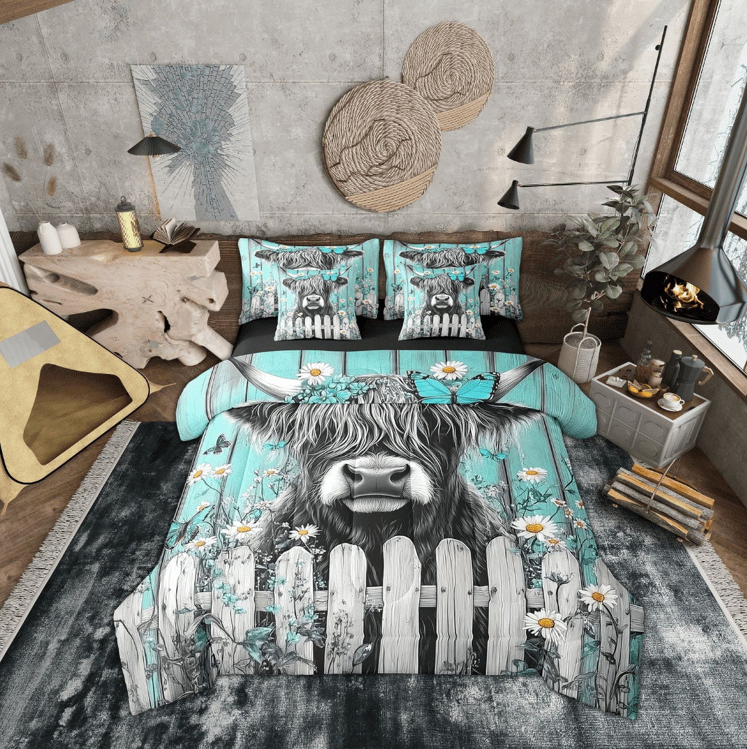 Erosebridal Highland Cow Bedding Queen Size, Rustic Farmhouse Comforter Sets with Sheets, Teal Gray Lodge Cabin Decor, Reversible 7-Piece
