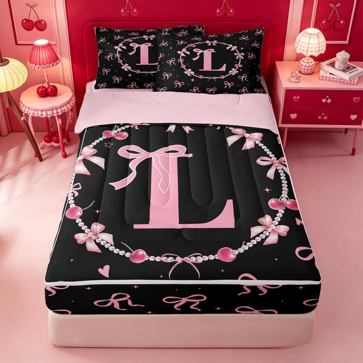 meiyoeat Pink Cute Bow Zipper Twin Comforter Sets with Fitted Sheet and 2 Pillowcases,Initial Letter L Zipper Bedding Set For Girl,Pink Reversible,4 Pieces