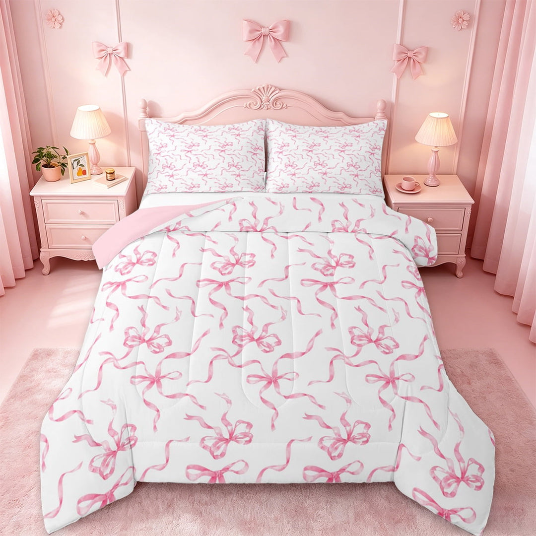 jejeloiu Cute Bowknot Full Size Comforter Sets,Ribbon Bow Bedding Comforter Set,Pink White Bedding Sets For Girls,Super Cozy Bedroom Decor Reversible,3pcs